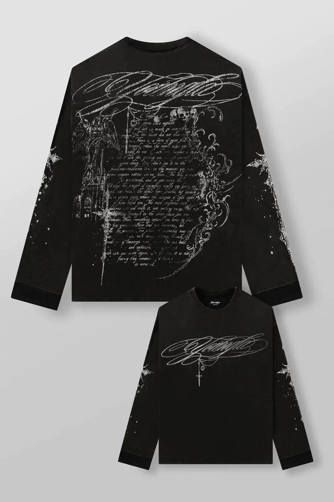 YOUNGLA Men's Gothic Calligraphy Script Long Sleeve Tee Hover Image