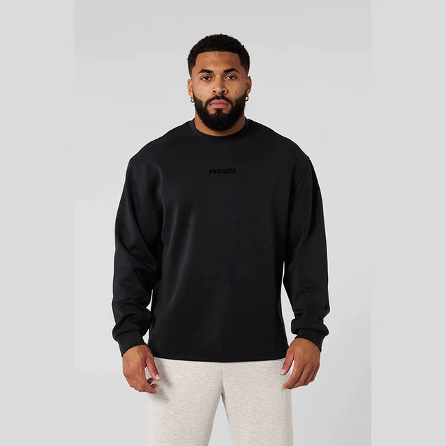 YOUNGLA- Black Oversized Long-Sleeve Sweatshirt Hover Image