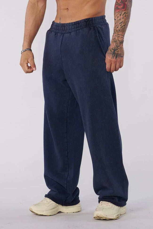 YOUNGLA Men's Arched Collegiate Logo & Blank Acid Wash Wide Leg Sweatpants Main Image
