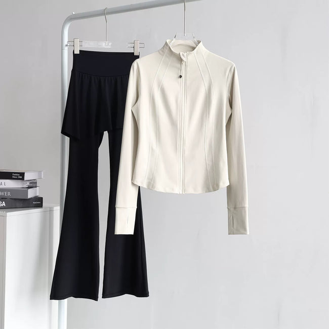 lululemon Stand-Collar White Jacket & Skirted Flare Black Pant Set Hover Image
