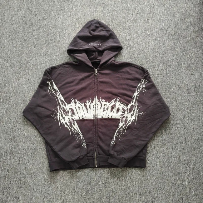 YOUNGLA- Washed Brown Gothic Graphic Zip-Up Hoodie Hover Image