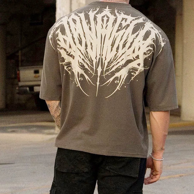 YoungLA Mocha Brown Tribal Tattoo Back Logo Oversized Shirt | Heavy Cotton Gym Pump Cover Hover Image