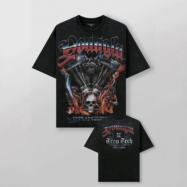YoungLA Heavyweight Acid Wash Oversized Tee – Mechanical V-Twin Engine Graphic Hover Image