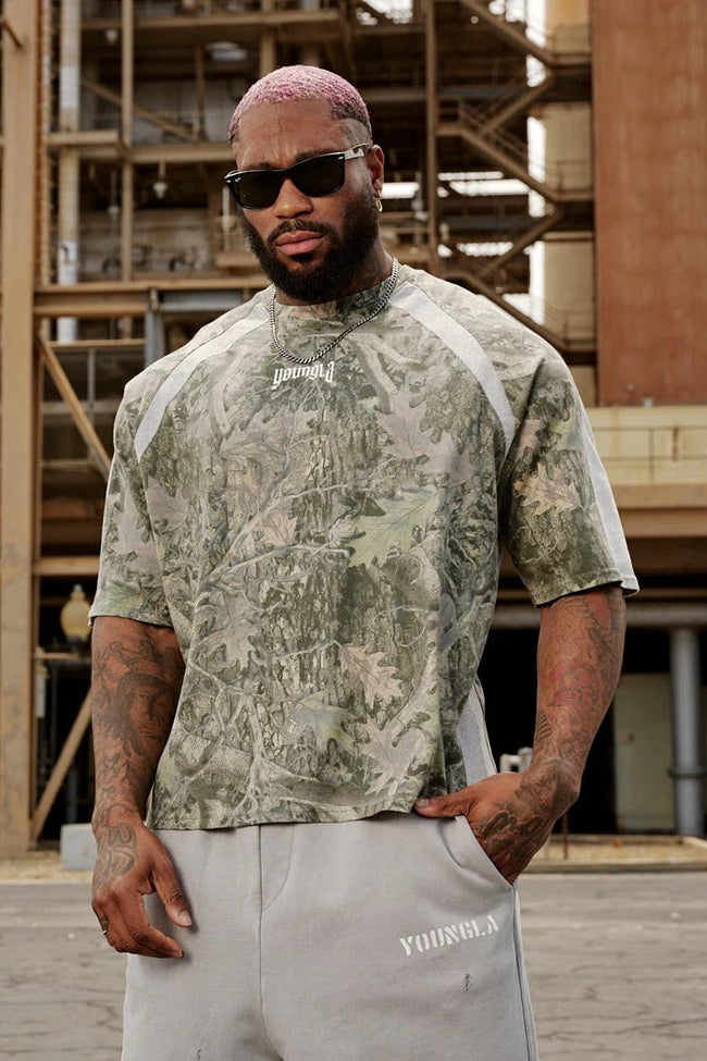 YoungLA Heavyweight Acid Wash Oversized Tee – Tactical Light Camo Raglan Sleeve Gothic Micro Logo Hover Image