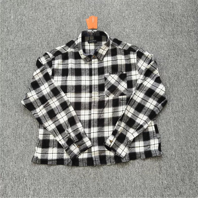 YOUNGLA- Black and White Plaid Long-Sleeve Shirt Hover Image