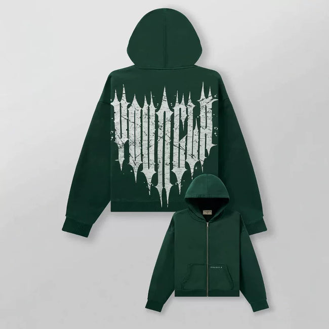 YOUNGLA- Dark Green Gothic Back Graphic Full-Zip Hoodie Hover Image