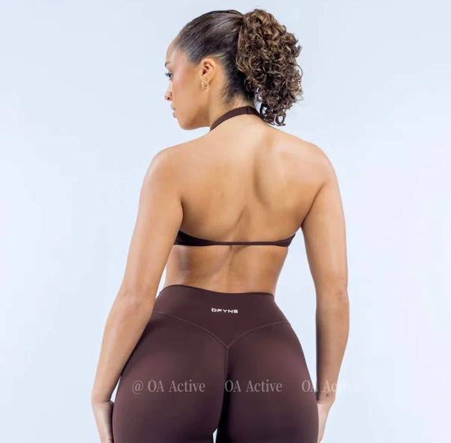 DFYNE Seamless Halter Wrap Sports Bra Brown Hover Image