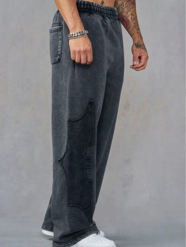 YOUNGLA Men's Acid Wash Gothic Cut-Out Appliqué Wide Leg Sweatpants Hover Image