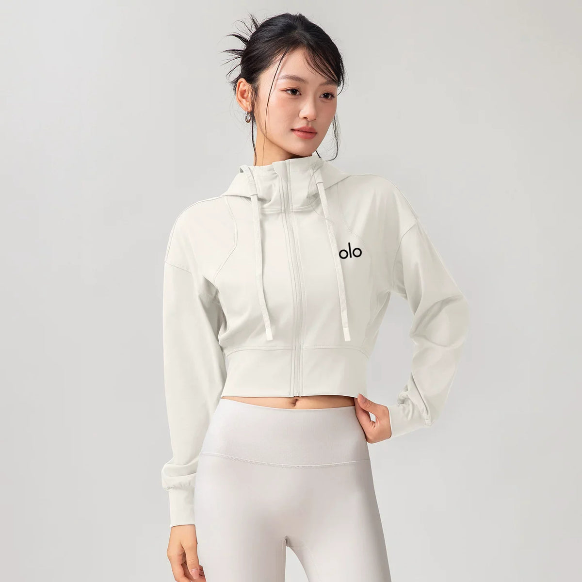 Alo Active Cropped Full-Zip Hoodie White