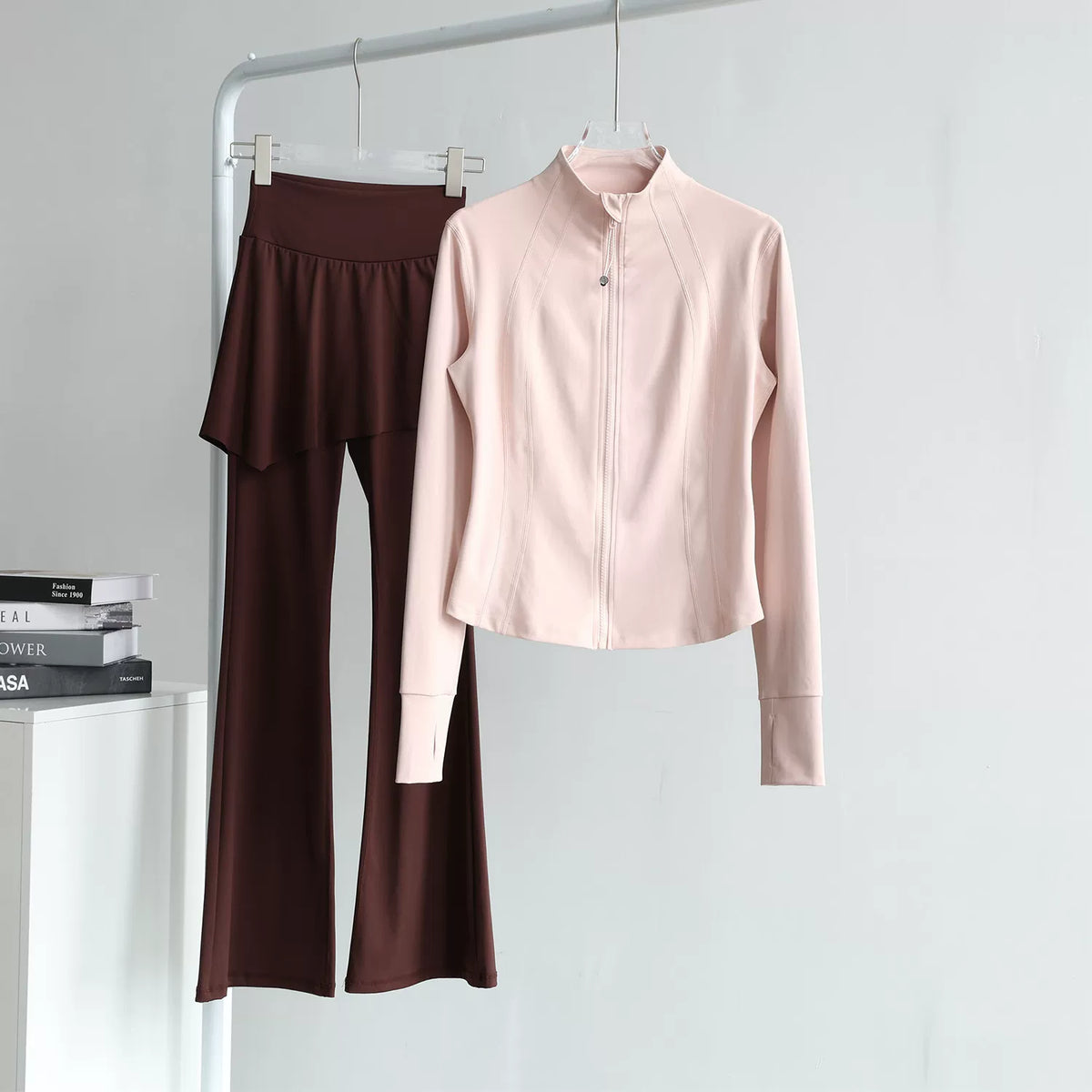 lululemon Stand-Collar Pink Jacket & Skirted Flare Brown Pant Set