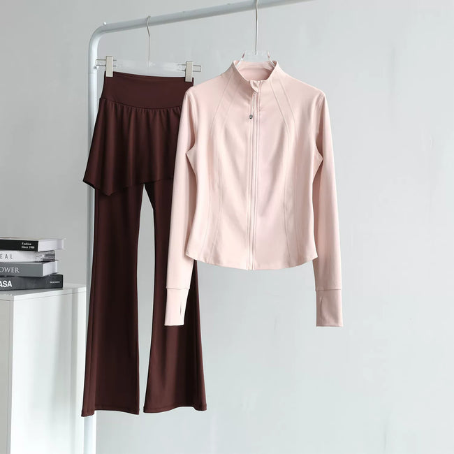 lululemon Stand-Collar Pink Jacket & Skirted Flare Brown Pant Set Hover Image