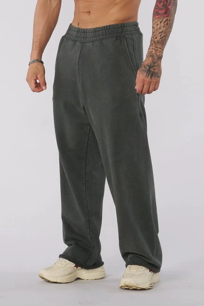 YOUNGLA Men's Arched Collegiate Logo & Blank Acid Wash Wide Leg Sweatpants Hover Image