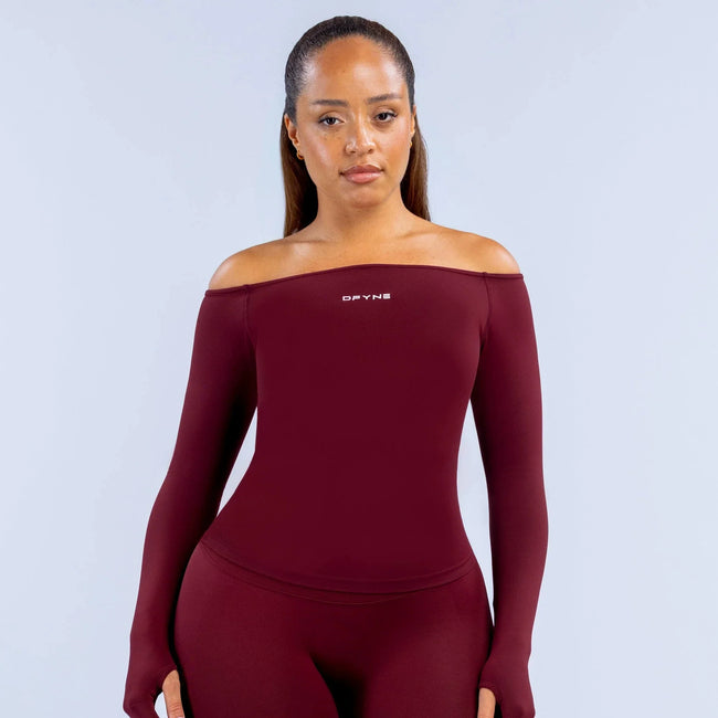 DFYNE Off-the-Shoulder Seamless Long-Sleeve Red Hover Image