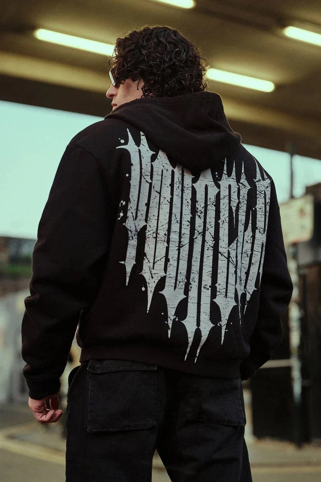 YOUNGLA- Black Graphic Zip-Up Hoodie Sweatshirt Hover Image