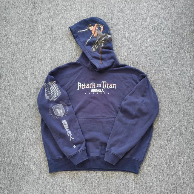 YOUNGLA- Washed Navy Attack on Titan Anime Graphic Pullover Hoodie Hover Image