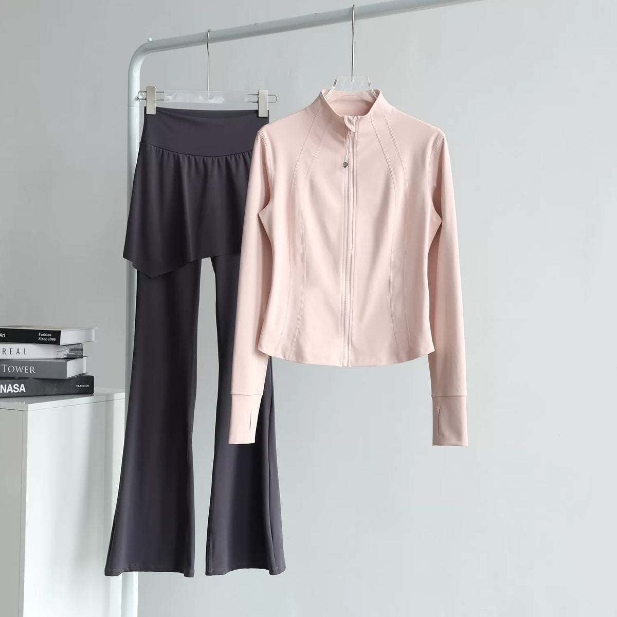 lululemon Stand-Collar Pink Jacket & Skirted Flare Grey Pant Set