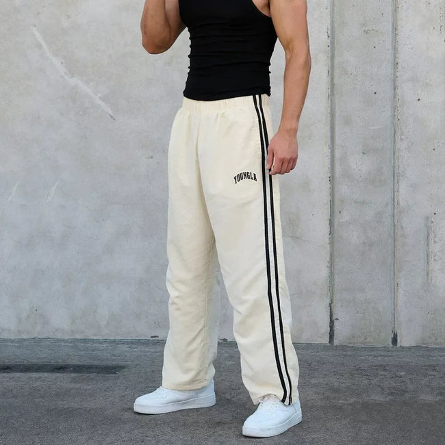 YoungLA Contrast Piping Training Track Pants – Oatmeal Edition Hover Image