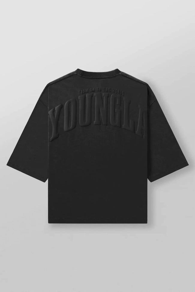 YoungLA Jet Black 3D Embossed Arch Logo Oversized Shirt | Heavy Cotton Gym Pump Cover Hover Image