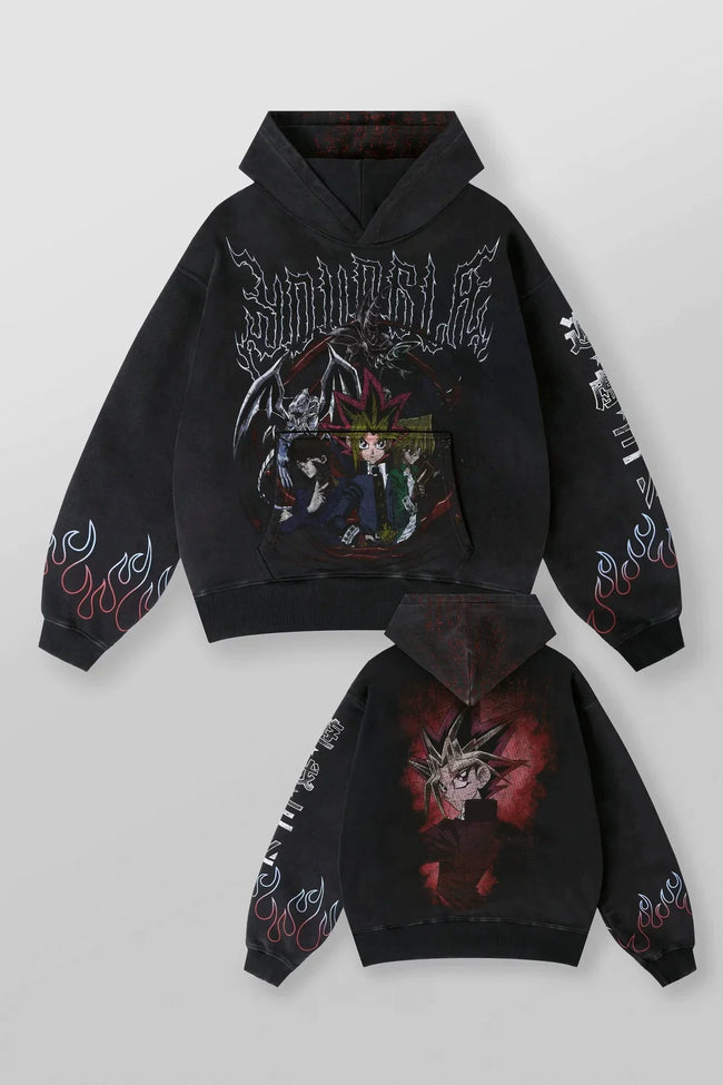 YOUNGLA- Washed Black Yugi Anime Graphic Pullover Hoodie Hover Image