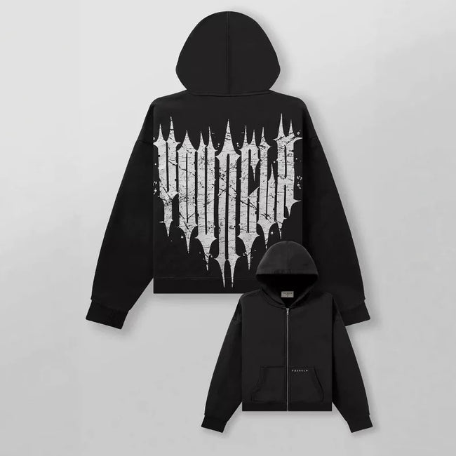 YOUNGLA- Black Gothic Back Graphic Full-Zip Hoodie Hover Image