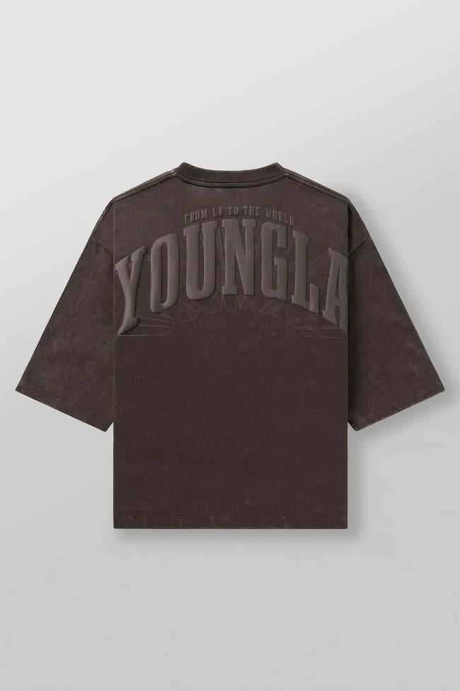 YoungLA Heavyweight Acid Wash Oversized Tee – Charcoal Embossed Statement Back Hover Image