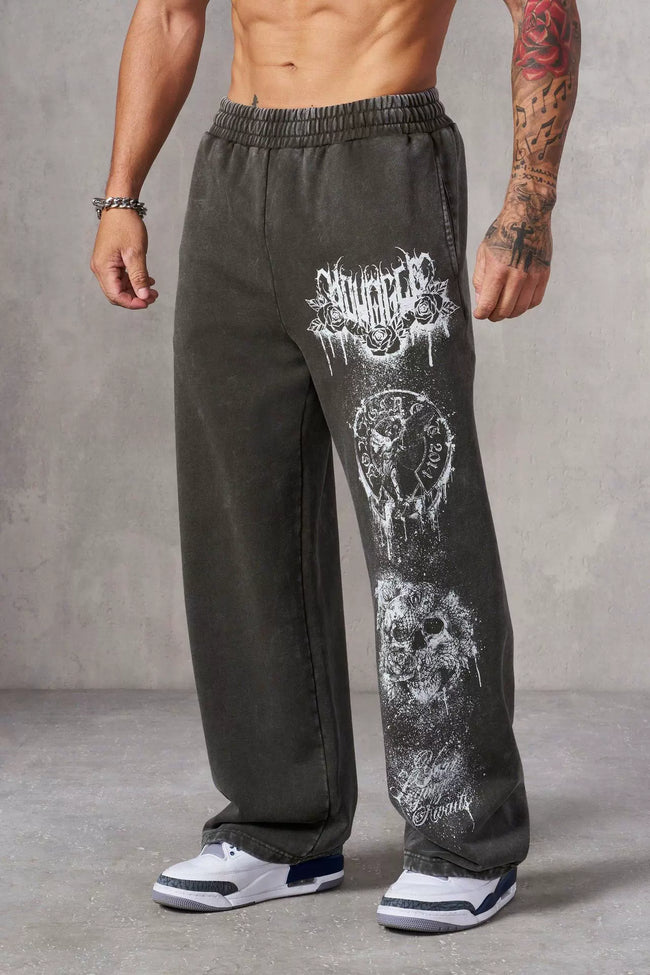 YOUNGLA Men's Acid Wash Heavy Metal Skull Graphic Wide Leg Sweatpants Hover Image