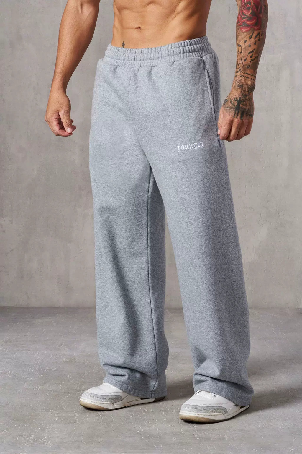 YOUNGLA Men's Minimalist Embroidered Logo Wide Leg Sweatpants