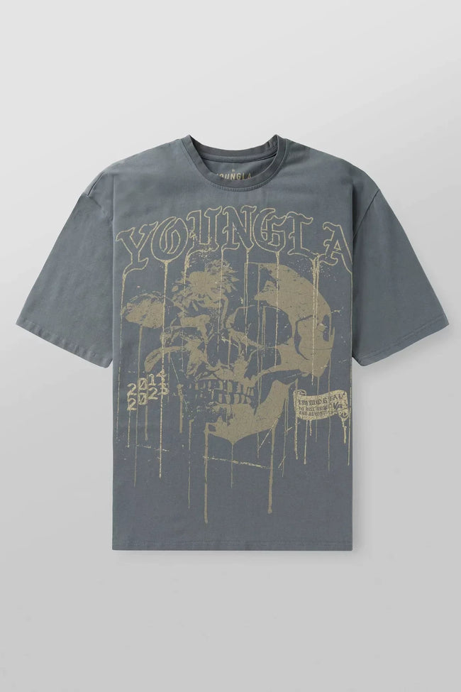 YoungLA Slate Blue Drip Skull Graphic Oversized Shirt | Vintage Heavy Cotton Gym Pump Cover Hover Image