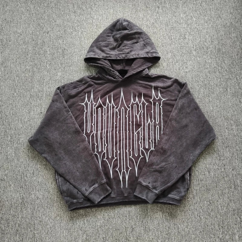YOUNGLA- Washed Black Graphic Pullover Hoodie