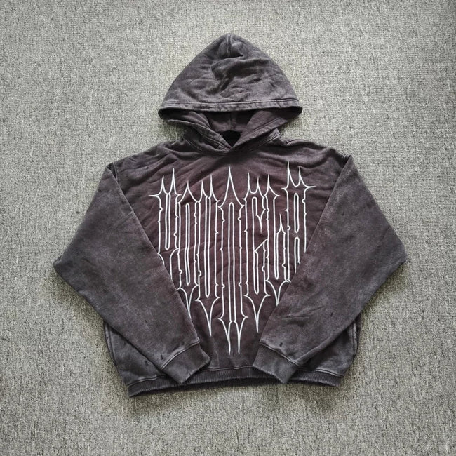 YOUNGLA- Washed Black Graphic Pullover Hoodie Hover Image