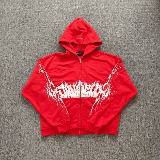 YOUNGLA- Red Gothic Graphic Zip-Up Hoodie Hover Image