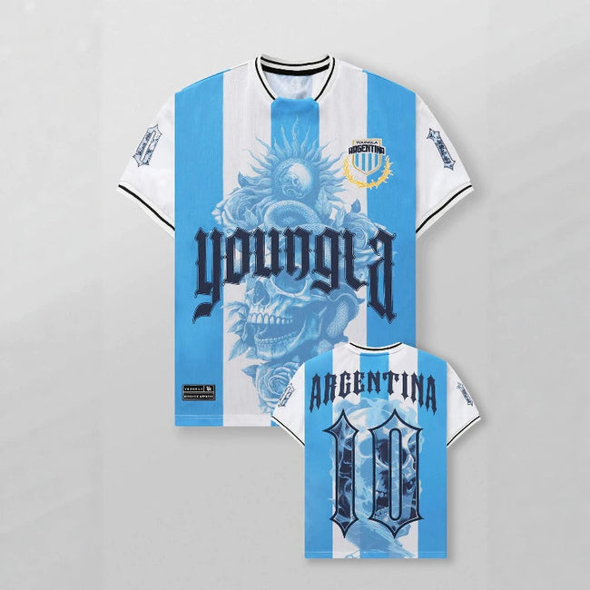 YoungLA Heavyweight Oversized Soccer Jersey – Argentina Light Blue / Skull & Roses Hover Image