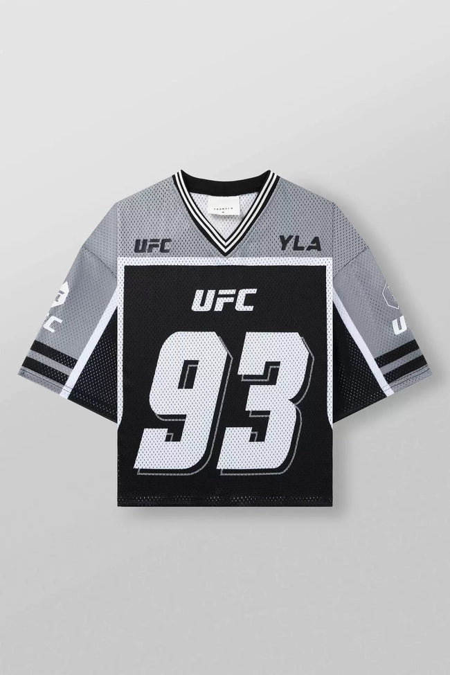 YoungLA x UFC Oversized V-Neck Mesh Jersey – Grey / Black "93" Graphic Hover Image