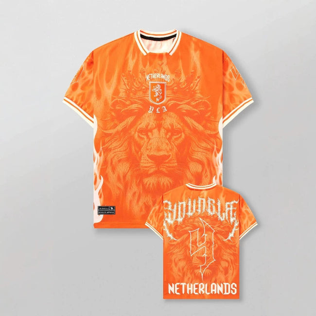 YoungLA Heavyweight Oversized Soccer Jersey – Netherlands Orange / Crowned Lion & Flames Hover Image