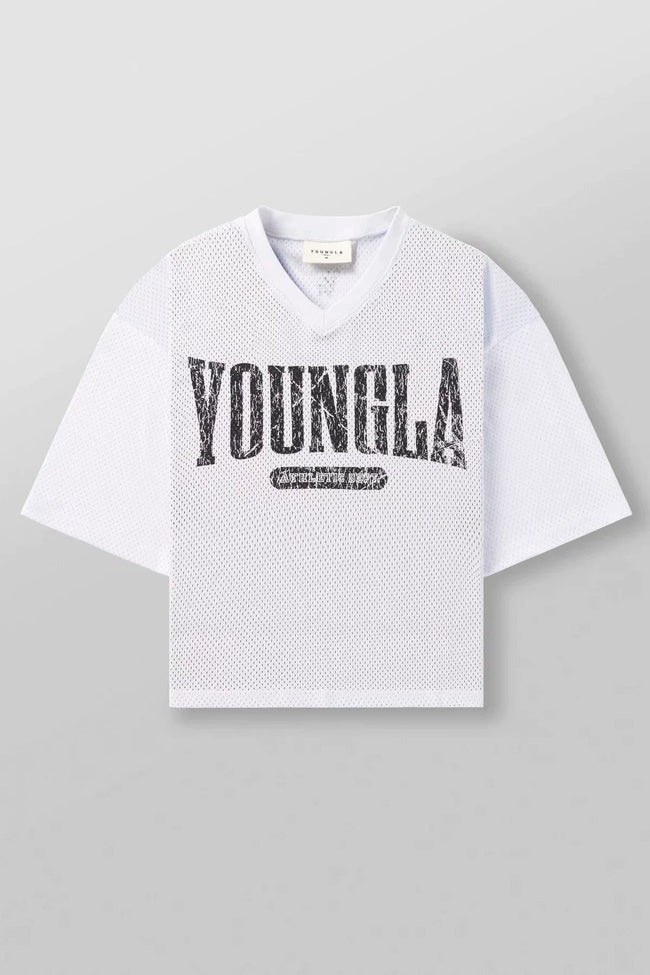 YoungLA White Graphic Oversized Jersey | Vintage Mesh V-Neck Gym Tee Hover Image