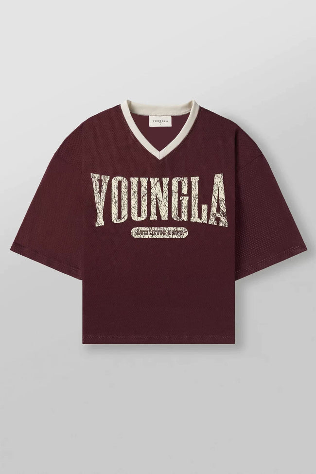 YoungLA Maroon Graphic Oversized Jersey | Vintage Mesh V-Neck Gym Tee Hover Image