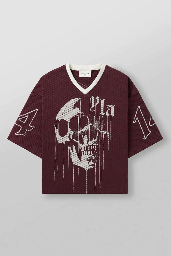 YoungLA Heavyweight Oversized V-Neck Mesh Jersey – Maroon Dripping Skull Graphic Hover Image