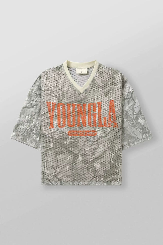 YoungLA Grey Camo Oversized V-Neck Mesh Jersey – Orange Distressed Graphic Hover Image
