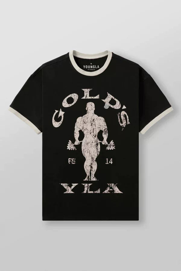 YoungLA Vintage Gold's Gym Graphic Tee – Black / Cream Contrast Ringer Hover Image